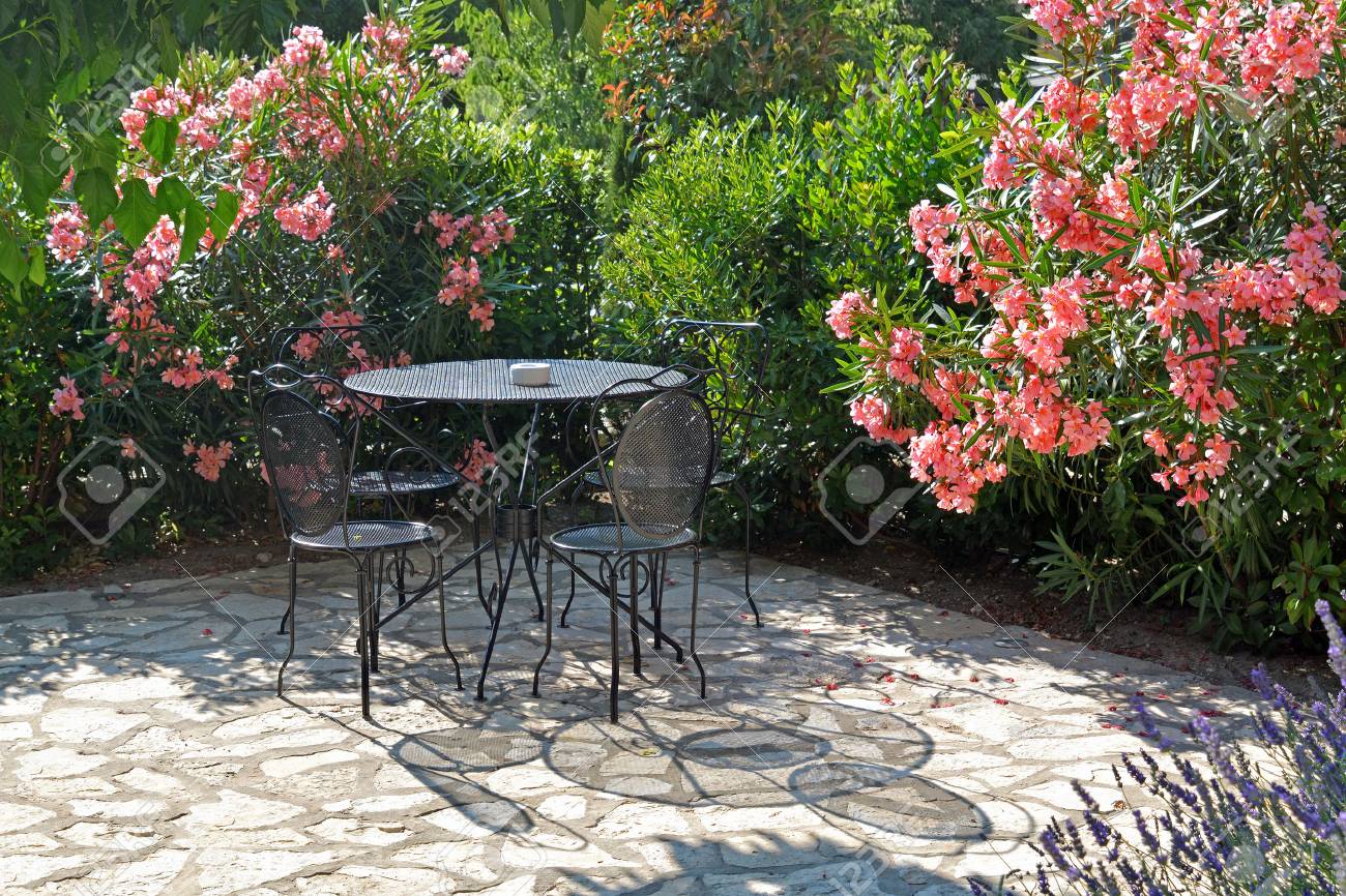 Table and chairs casts a shadow on a summer evening in beautiful flower garden - 53587184 Table and chairs casts a shadow on a summer evening in beautiful flower garden - 53587184