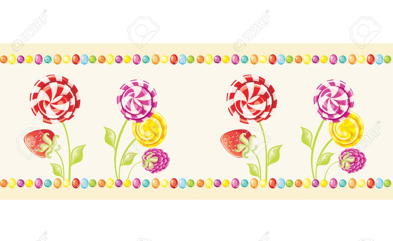 シームレスな壁紙抽象花甘いロリポップ キャンデーとベリーの境界線 ベクトル図 のイラスト素材 ベクタ Image