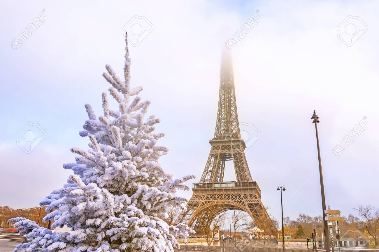 Immagini Parigi A Natale.Immagini Stock Torre Eiffel E La Principale Attrazione Di Parigi Sullo Sfondo Di Alberi Di Natale Gelido Coperti Di Neve In Inverno Cartolina Di Auguri Di Viaggio Da Parigi Con Amore