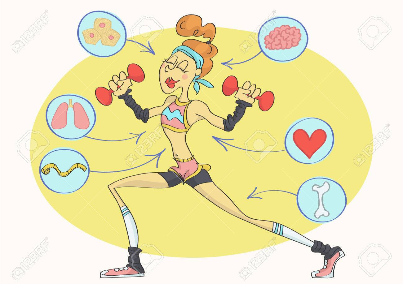 Spor Kıyafetinde Dumbbelllerle Egzersiz Yaparken Uygun Vücuda Sahip Komik,  Şık Bir Kadın Karikatürü. Egzersizin Faydalarını Gösteren Bilgi Grafiği  Ile. Royalty Free SVG, Klipartlar, Vektör Çizimler ve Stok Çizim. Image  76433811