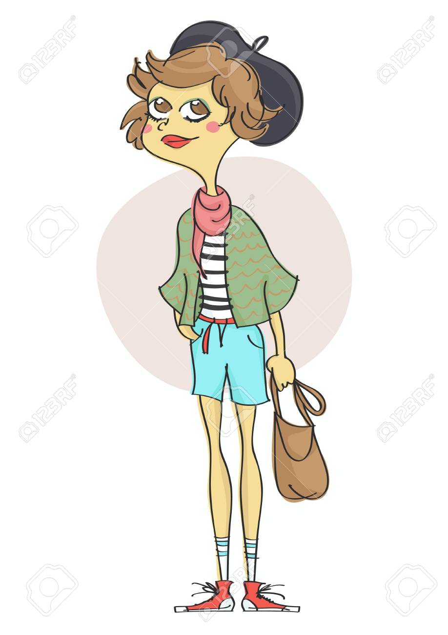 かわいいファッションの女の子を着てベレー帽 茶色のバッグと スタイリッシュな笑みを浮かべてします のイラスト素材 ベクタ Image 7666