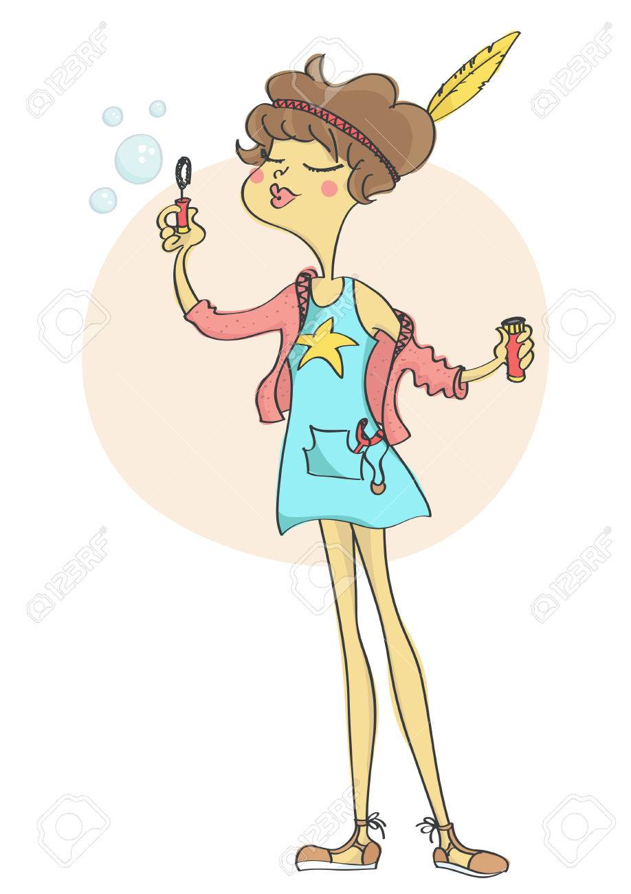 Cute Stylish Girl With Short Brown Hair Blowing Bubbles