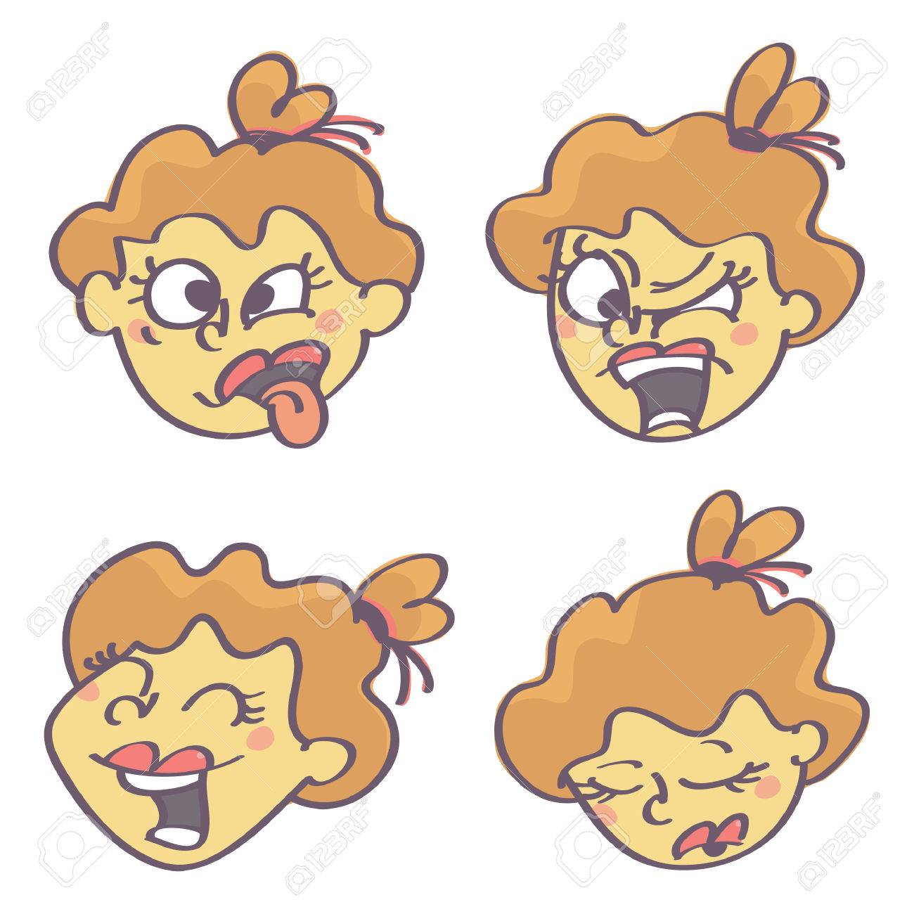 Funny Vector Cartoon Collection Of Four Girl Emoticon Faces Expressing Different Feelings Isolated On White Background Royalty Free Cliparts Vectors And Stock Illustration Image 84740681