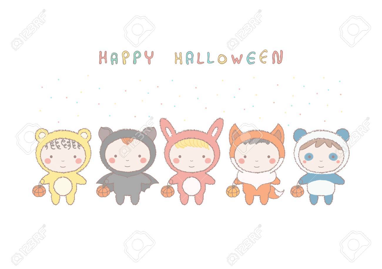 動物衣装 かわいいベクター手描きイラストの愛らしい小さな子供のグループとカラフルなハロウィーン カード のイラスト素材 ベクタ Image
