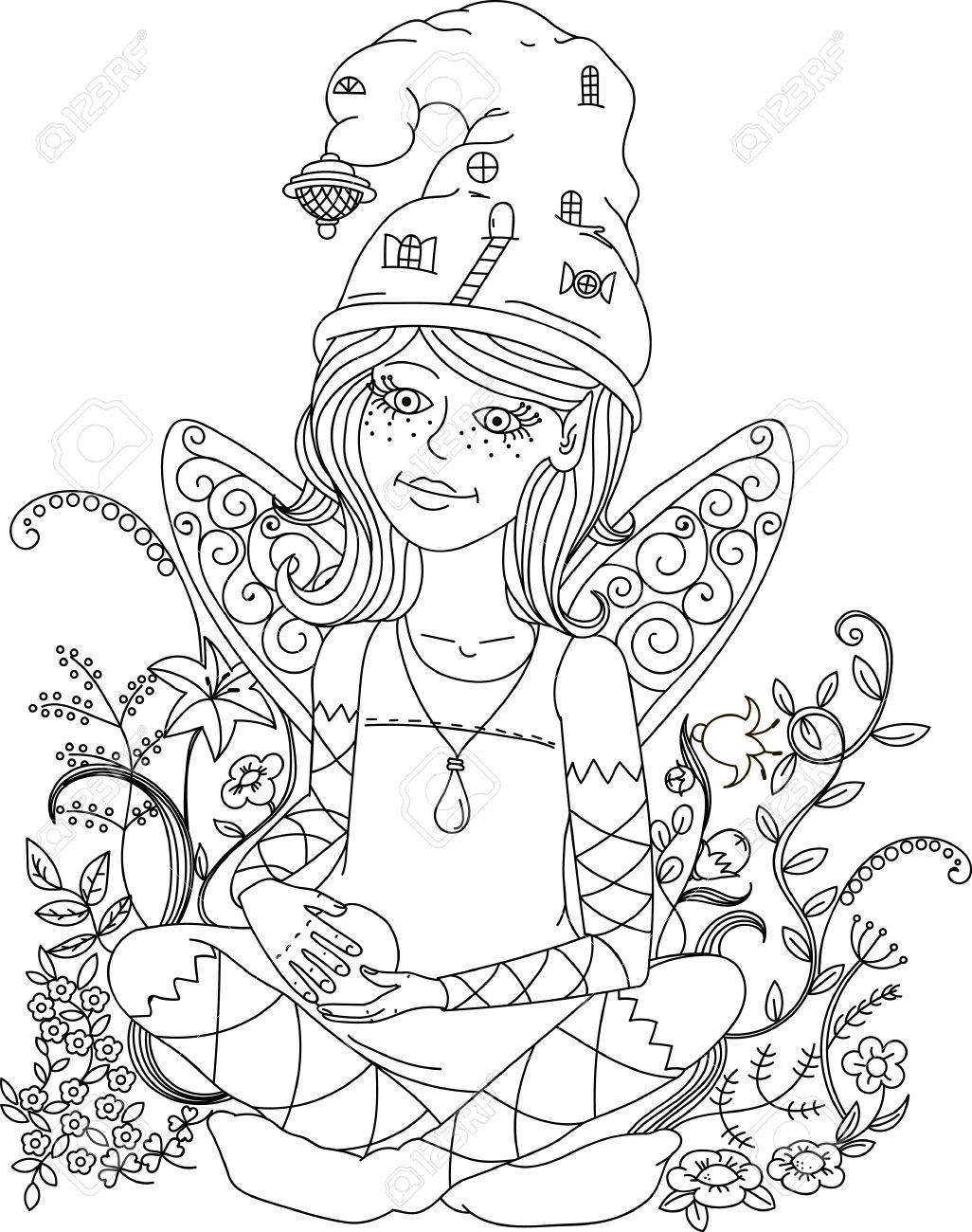 妖精とエルフのイメージの花で美しいファッション女性は 塗り絵をされる可能性があります 黒と白 のイラスト素材 ベクタ Image 49267062