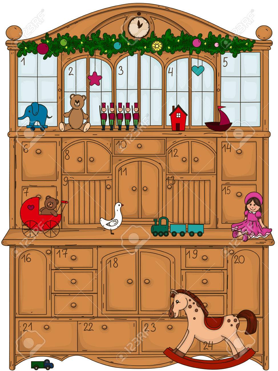 アドベント カレンダー おもちゃでヴィンテージの食器棚 のイラスト素材 ベクタ Image