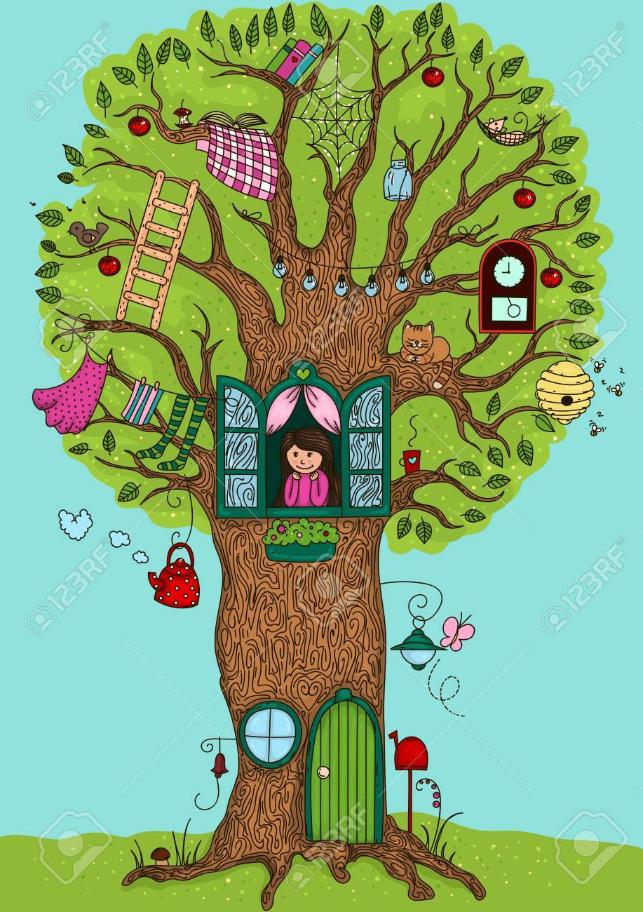 彼女が住んでいる魔法の木のイラスト素材 ベクタ Image