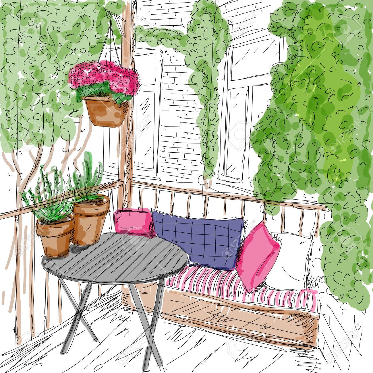 バルコニーの植物のベクトル イラスト それは手動で描画されます デジタル水彩 のイラスト素材 ベクタ Image