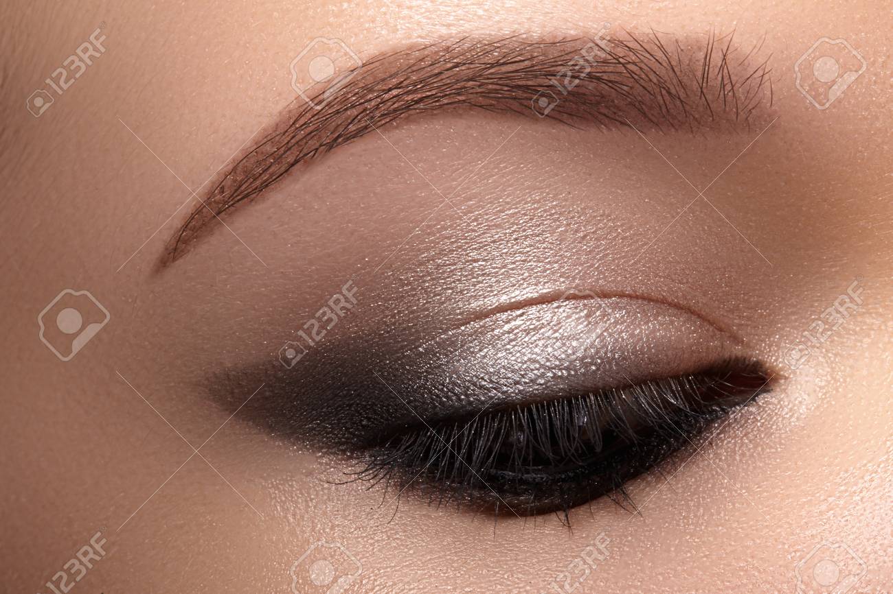Beautiful Macro Eyes With Smoky Cat Eye Makeup Cosmetics And Make Up Closeup Of Fashion Visage With Liner Eyeshadows Stock Photo Picture And Royalty Free Image Image