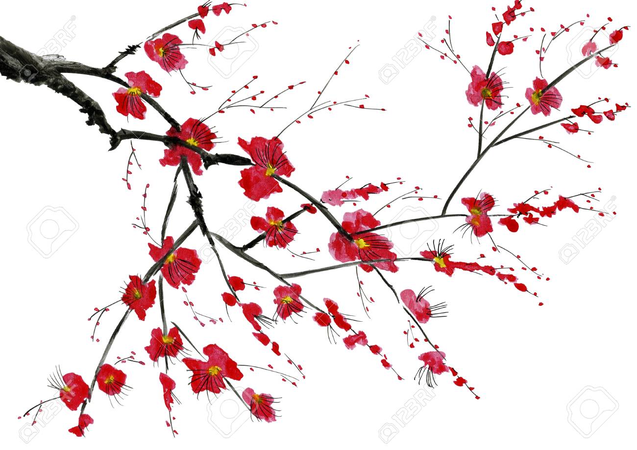 A branch of a blossoming tree. Pink and red stylized flowers of wild mead, wild apricots and sakura. Watercolor and ink illustration in style sumi-e, u-sin. Oriental traditional painting. - 113477255 A branch of a blossoming tree. Pink and red stylized flowers of wild mead, wild apricots and sakura. Watercolor and ink illustration in style sumi-e, u-sin. Oriental traditional painting. - 113477255