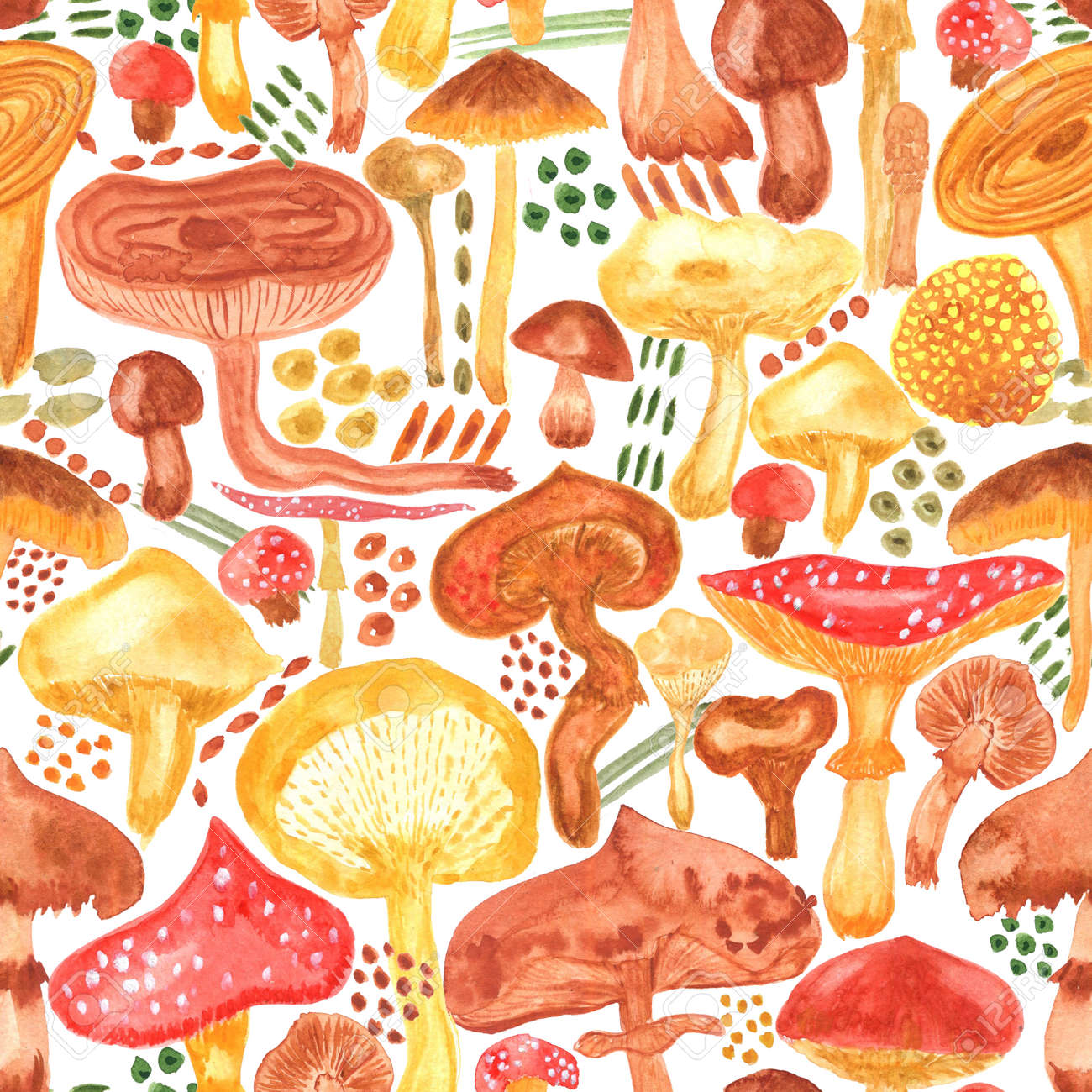 Colorful watercolor mushrooms seamless pattern. Hand Illustration for creating fabrics, wallpapers, gift wrapping paper, invitations, textile, scrapbooking. Isolated on white background. - 164949482 Colorful watercolor mushrooms seamless pattern. Hand Illustration for creating fabrics, wallpapers, gift wrapping paper, invitations, textile, scrapbooking. Isolated on white background. - 164949482
