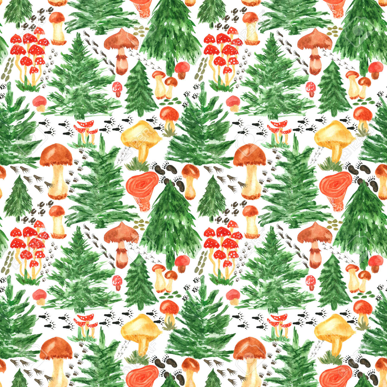 Colorful watercolor trees, animal footprints and mushrooms seamless pattern. Hand Illustration for creating fabrics, wallpapers, gift wrapping paper, invitations, textile, scrapbooking. - 165387218 Colorful watercolor trees, animal footprints and mushrooms seamless pattern. Hand Illustration for creating fabrics, wallpapers, gift wrapping paper, invitations, textile, scrapbooking. - 165387218