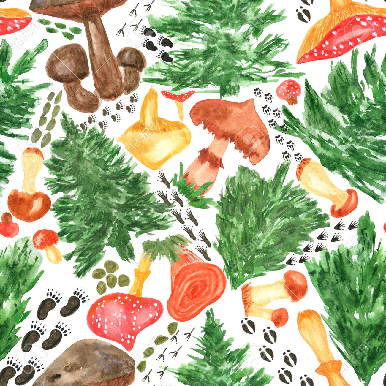 Colorful watercolor trees, animal footprints and mushrooms seamless pattern. Hand Illustration for creating fabrics, wallpapers, gift wrapping paper, invitations, textile, scrapbooking. - 165387219 Colorful watercolor trees, animal footprints and mushrooms seamless pattern. Hand Illustration for creating fabrics, wallpapers, gift wrapping paper, invitations, textile, scrapbooking. - 165387219