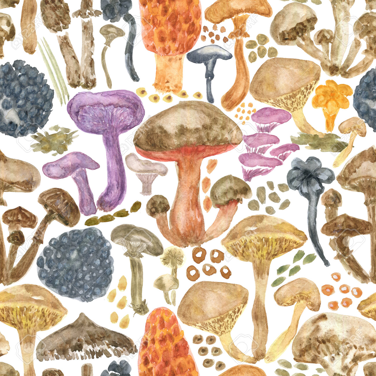 Colorful watercolor mushrooms seamless pattern. Hand Illustration for creating fabrics, wallpapers, gift wrapping paper, invitations, textile, scrapbooking. Isolated on white background. - 165387222 Colorful watercolor mushrooms seamless pattern. Hand Illustration for creating fabrics, wallpapers, gift wrapping paper, invitations, textile, scrapbooking. Isolated on white background. - 165387222