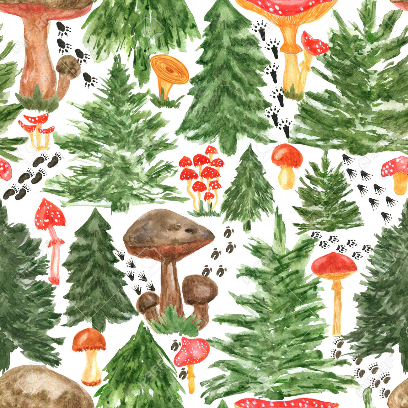 Colorful watercolor trees, animal footprints and mushrooms seamless pattern. Hand Illustration for creating fabrics, wallpapers, gift wrapping paper, invitations, textile, scrapbooking. - 165544106 Colorful watercolor trees, animal footprints and mushrooms seamless pattern. Hand Illustration for creating fabrics, wallpapers, gift wrapping paper, invitations, textile, scrapbooking. - 165544106