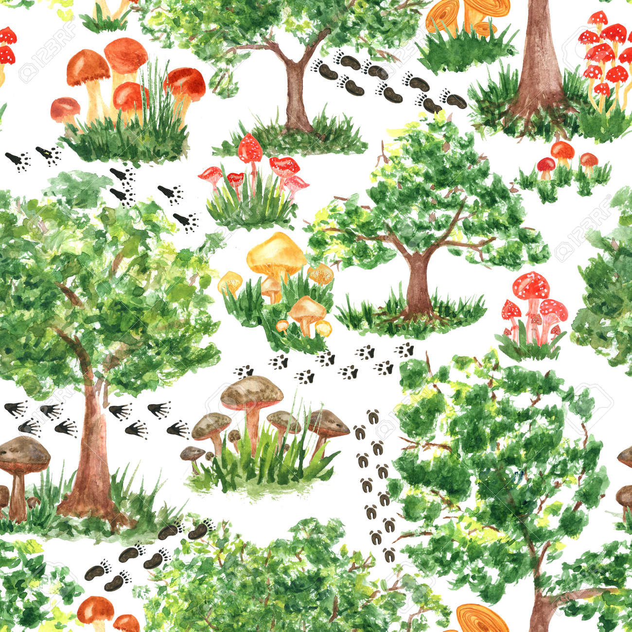 Colorful watercolor trees, animal footprints and mushrooms seamless pattern. Hand Illustration for creating fabrics, wallpapers, gift wrapping paper, invitations, textile, scrapbooking. - 165544109 Colorful watercolor trees, animal footprints and mushrooms seamless pattern. Hand Illustration for creating fabrics, wallpapers, gift wrapping paper, invitations, textile, scrapbooking. - 165544109