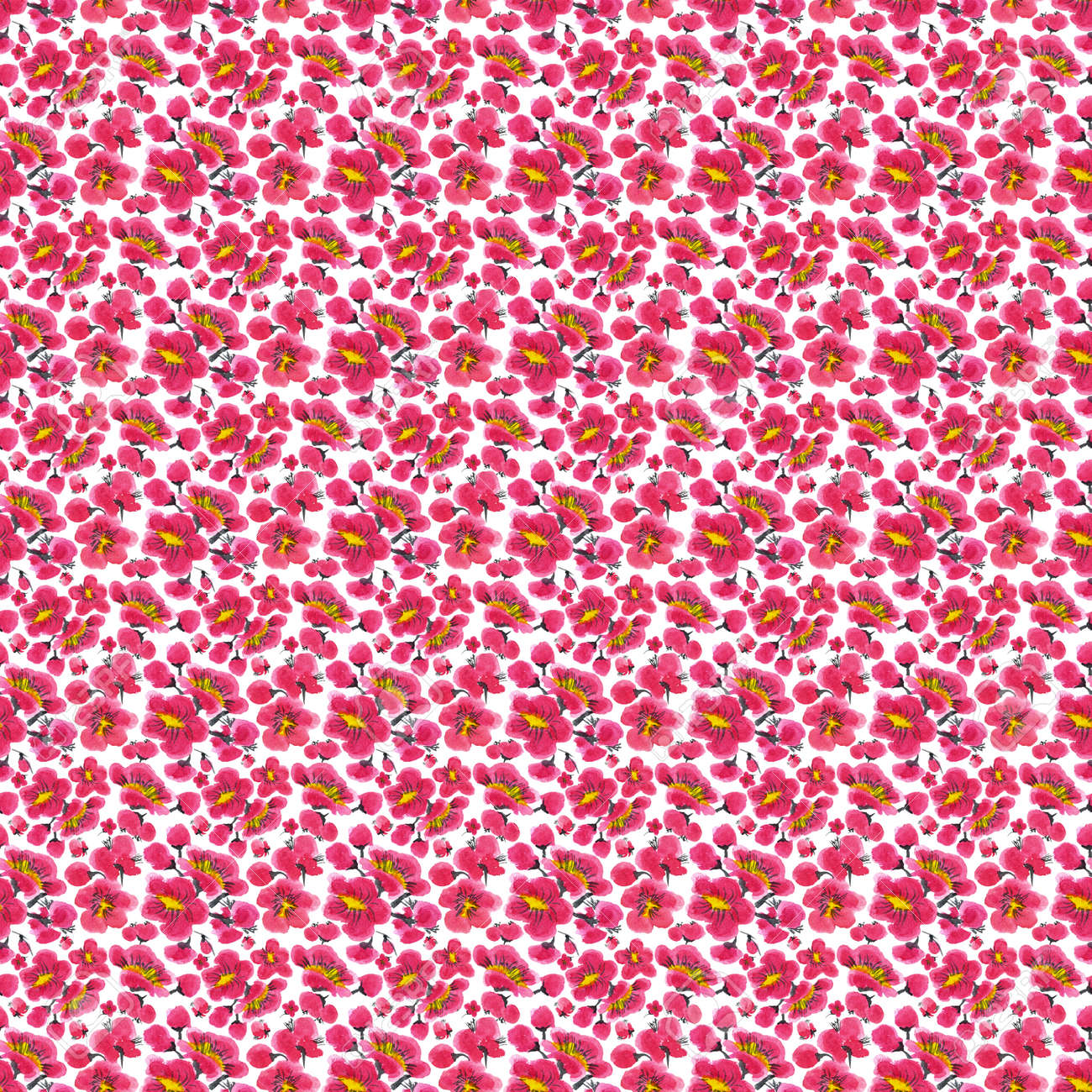 Seamless pattern of a sakura. Pink and red stylized flowers of plum mei and wild apricots. Watercolor and ink illustration in style sumi-e, u-sin. Oriental traditional painting. - 165874315 Seamless pattern of a sakura. Pink and red stylized flowers of plum mei and wild apricots. Watercolor and ink illustration in style sumi-e, u-sin. Oriental traditional painting. - 165874315