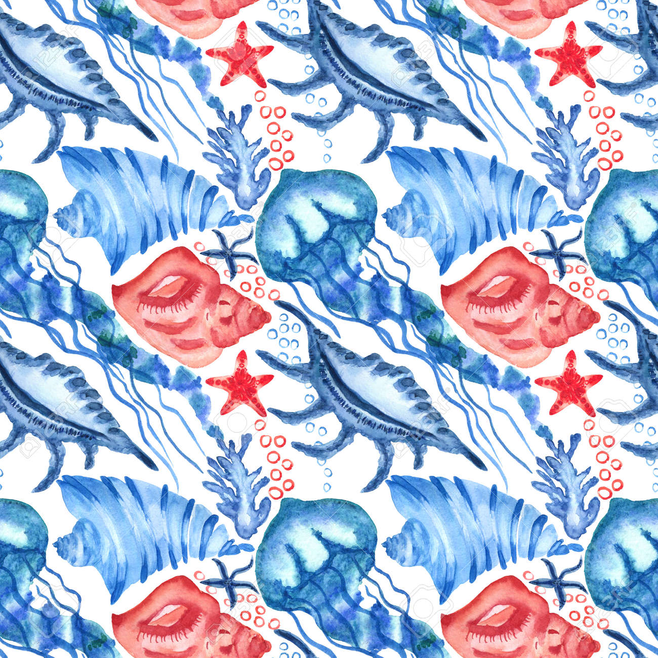 Watercolor seashells and starfish seamless pattern. Illustration of jellyfishes and sea stars for for creating fabrics, textile, decoupage, wallpapers, print, gift wrapping paper, invitations. - 167408761 Watercolor seashells and starfish seamless pattern. Illustration of jellyfishes and sea stars for for creating fabrics, textile, decoupage, wallpapers, print, gift wrapping paper, invitations. - 167408761