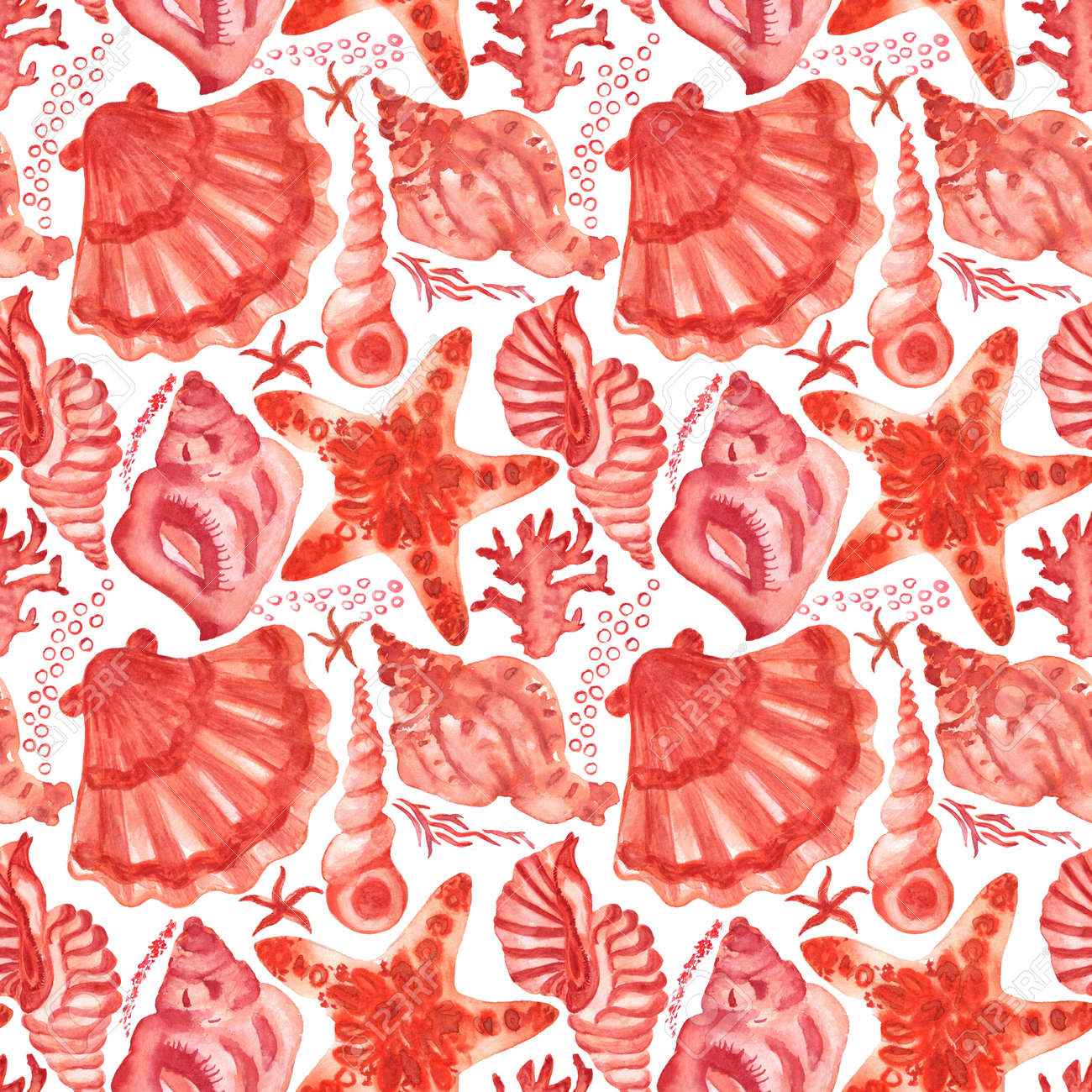 Watercolored seashells and starfishes seamless pattern. Colored illustration of underwater shells and sea stars for for creating fabrics, textile, decoupage, wallpapers, print, gift wrapping paper. - 167408763 Watercolored seashells and starfishes seamless pattern. Colored illustration of underwater shells and sea stars for for creating fabrics, textile, decoupage, wallpapers, print, gift wrapping paper. - 167408763