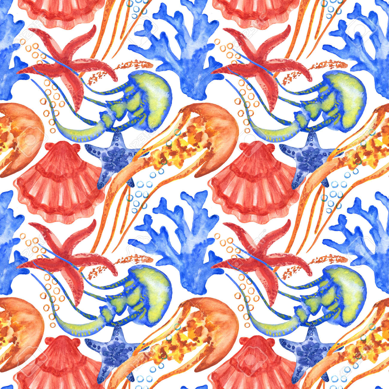 Watercolor seashells and starfish seamless pattern. Illustration of jellyfishes and sea stars for creating fabrics, textile, decoupage, wallpapers, print. Isolated on white background. - 167408766 Watercolor seashells and starfish seamless pattern. Illustration of jellyfishes and sea stars for creating fabrics, textile, decoupage, wallpapers, print. Isolated on white background. - 167408766
