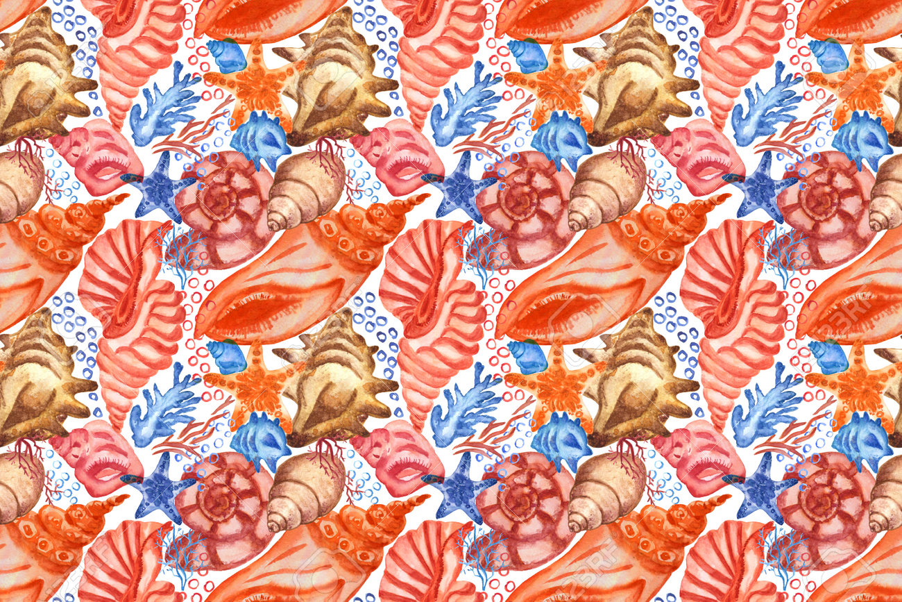 Marine background with seashells and corals. Watercolor seamless pattern. Perfect for creating fabrics, textile, decoupage, wallpapers. Isolated on white background. - 167408765 Marine background with seashells and corals. Watercolor seamless pattern. Perfect for creating fabrics, textile, decoupage, wallpapers. Isolated on white background. - 167408765