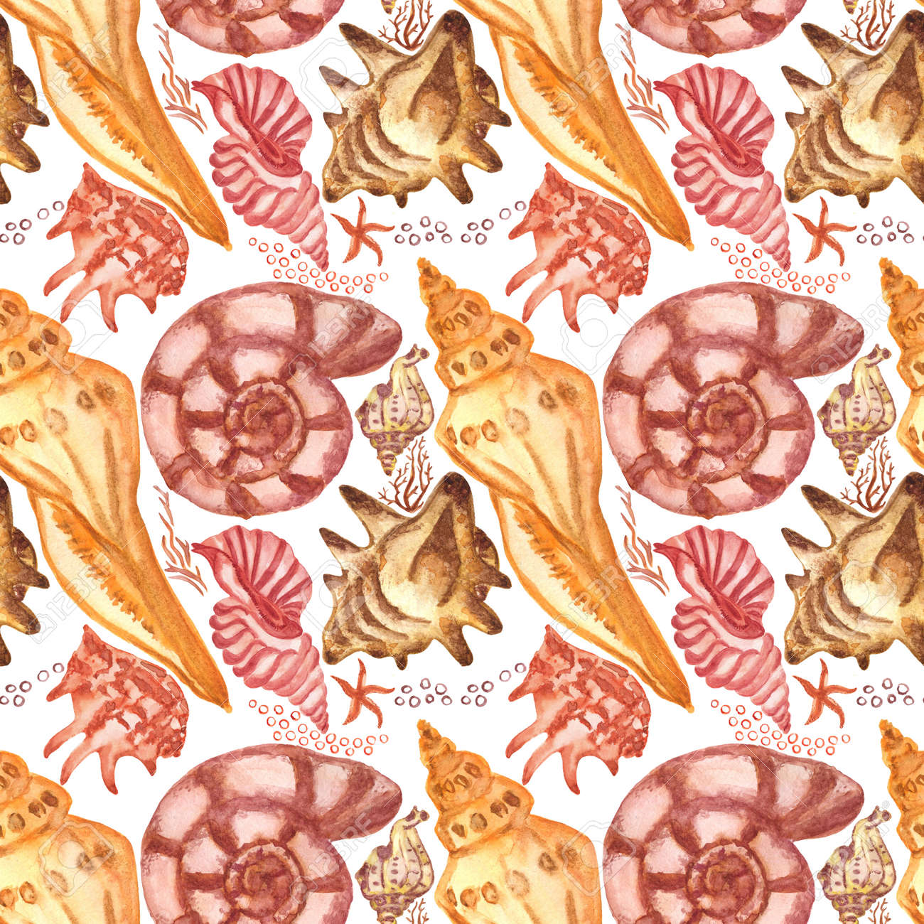 Marine background with seashells and corals. Watercolor seamless pattern. Perfect for creating fabrics, textile, decoupage, wallpapers. Isolated on white background. - 167408771 Marine background with seashells and corals. Watercolor seamless pattern. Perfect for creating fabrics, textile, decoupage, wallpapers. Isolated on white background. - 167408771