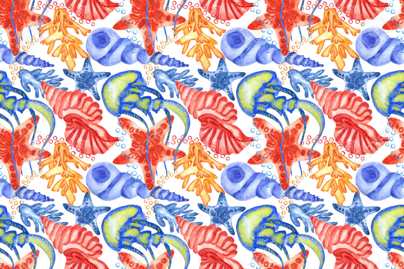 Marine background with seashells, starfishes and corals. Watercolor seamless pattern. Perfect for creating fabrics, textile, decoupage, wallpapers, print, gift wrapping paper, invitations, textile. - 167692108 Marine background with seashells, starfishes and corals. Watercolor seamless pattern. Perfect for creating fabrics, textile, decoupage, wallpapers, print, gift wrapping paper, invitations, textile. - 167692108