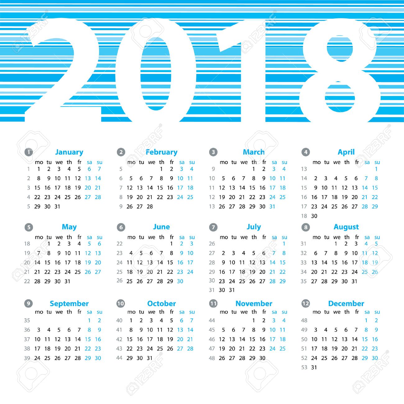 Calendar 2018 Year Vector Design Template With Week Numbers And Months.  Beautiful Vector Design. Royalty Free SVG, Cliparts, Vectors, and Stock  Illustration. Image 61021920.