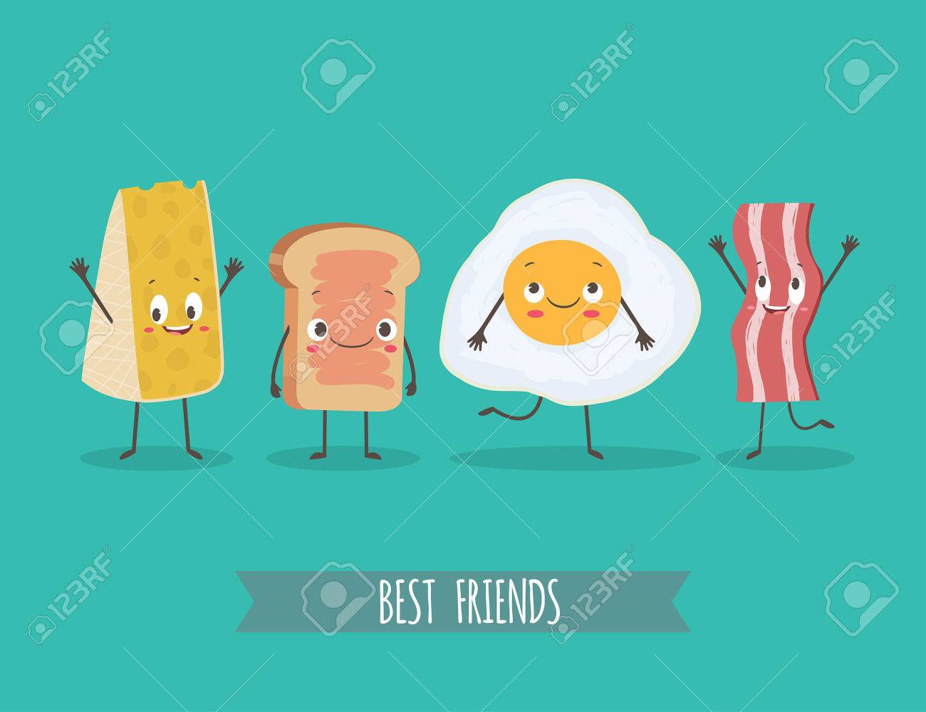 かわいいキャラクターのチーズ パン 卵 ベーコン 最高の友達を設定します 面白い食べ物です 漫画のベクトル図です かわいいおしゃれな文字 のイラスト素材 ベクタ Image