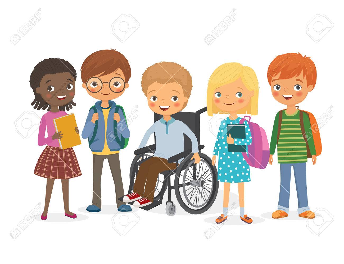 Disabled Child In A Wheelchair With His Friends. Pupils Girls ...