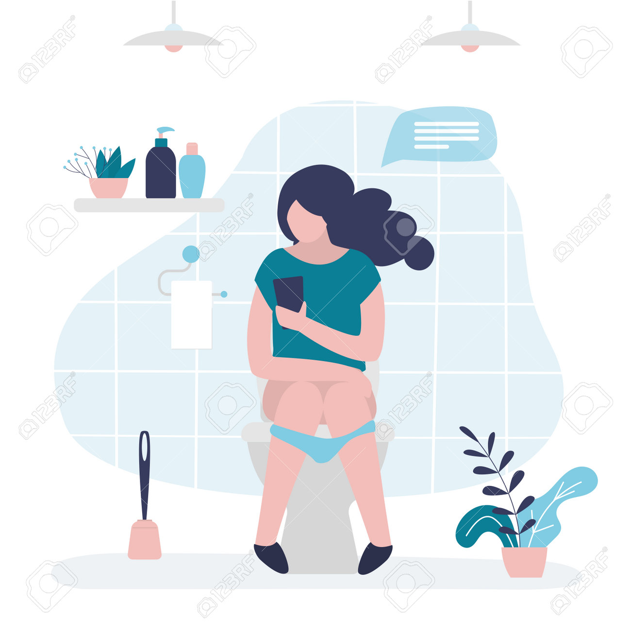 女放尿 トイレで放尿したりうんちをしたりする女の子。トイレで友達とおしゃべりをする女性。便器に座りながらソーシャルネットワークをサーフィンする女性キャラクター。トイレのインテリアデザイン。フラットベクターイラストのイラスト素材・ベクター  Image 202007575