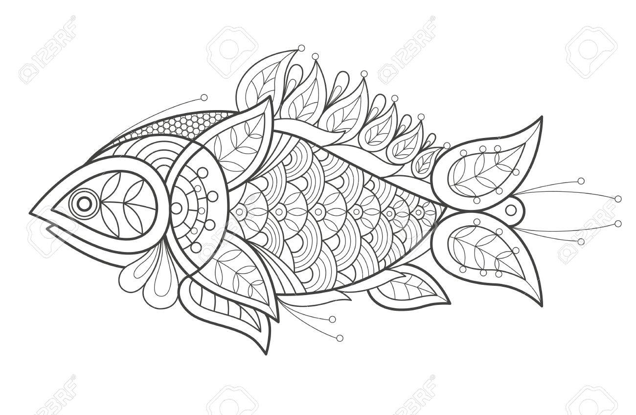 白の背景にベクトル イラスト装飾的な魚 大人配色のファッショントレンド 海魚のベクトル要素オリエンタル モチーフ トルコ キュウリ 黒と白 モダンなベクター デザイン のイラスト素材 ベクタ Image