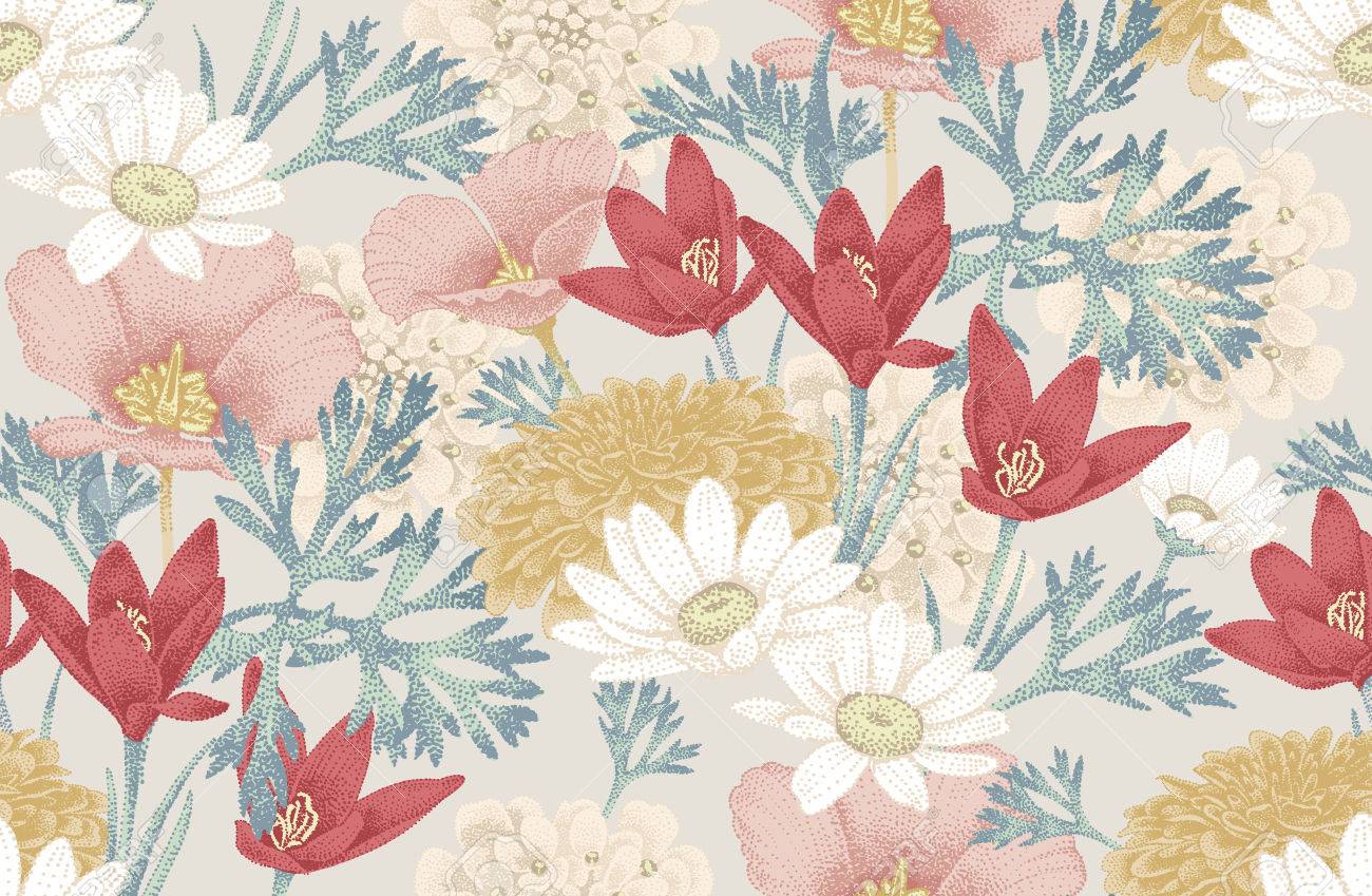 vintage floral seamless pattern with wild flowers vector illustration