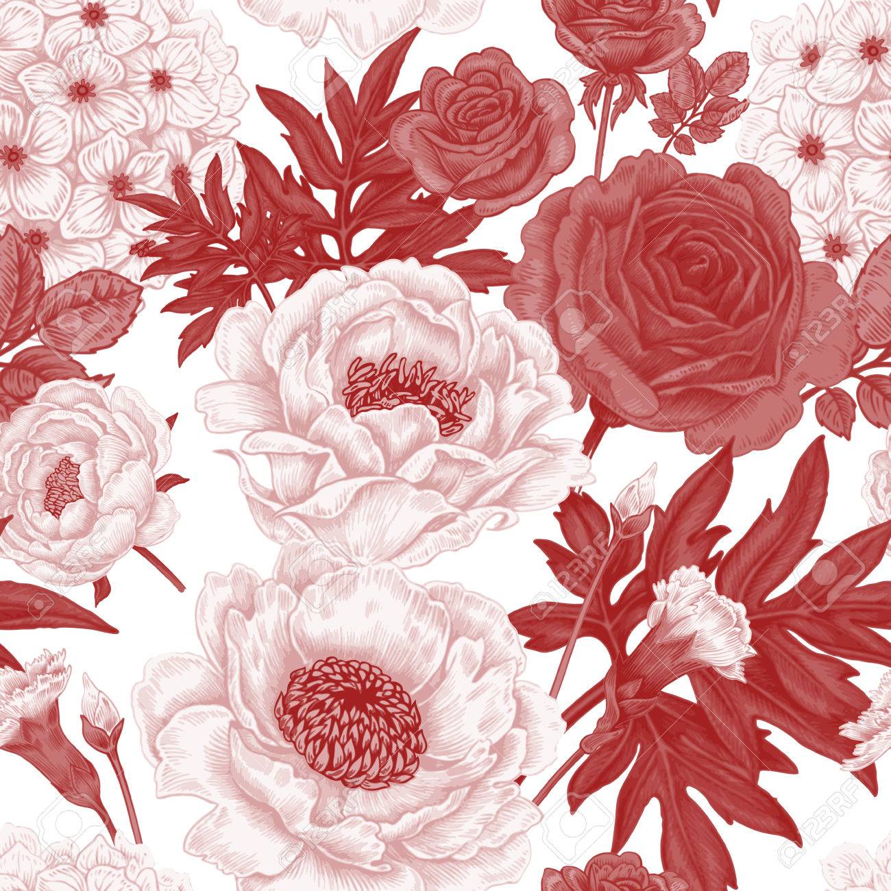 シームレス パターン バラ シャクヤク アジサイ カーネーションの花のイラスト ビクトリア朝様式の花のデザイン ヴィンテージ ベクトル のイラスト素材 ベクタ Image