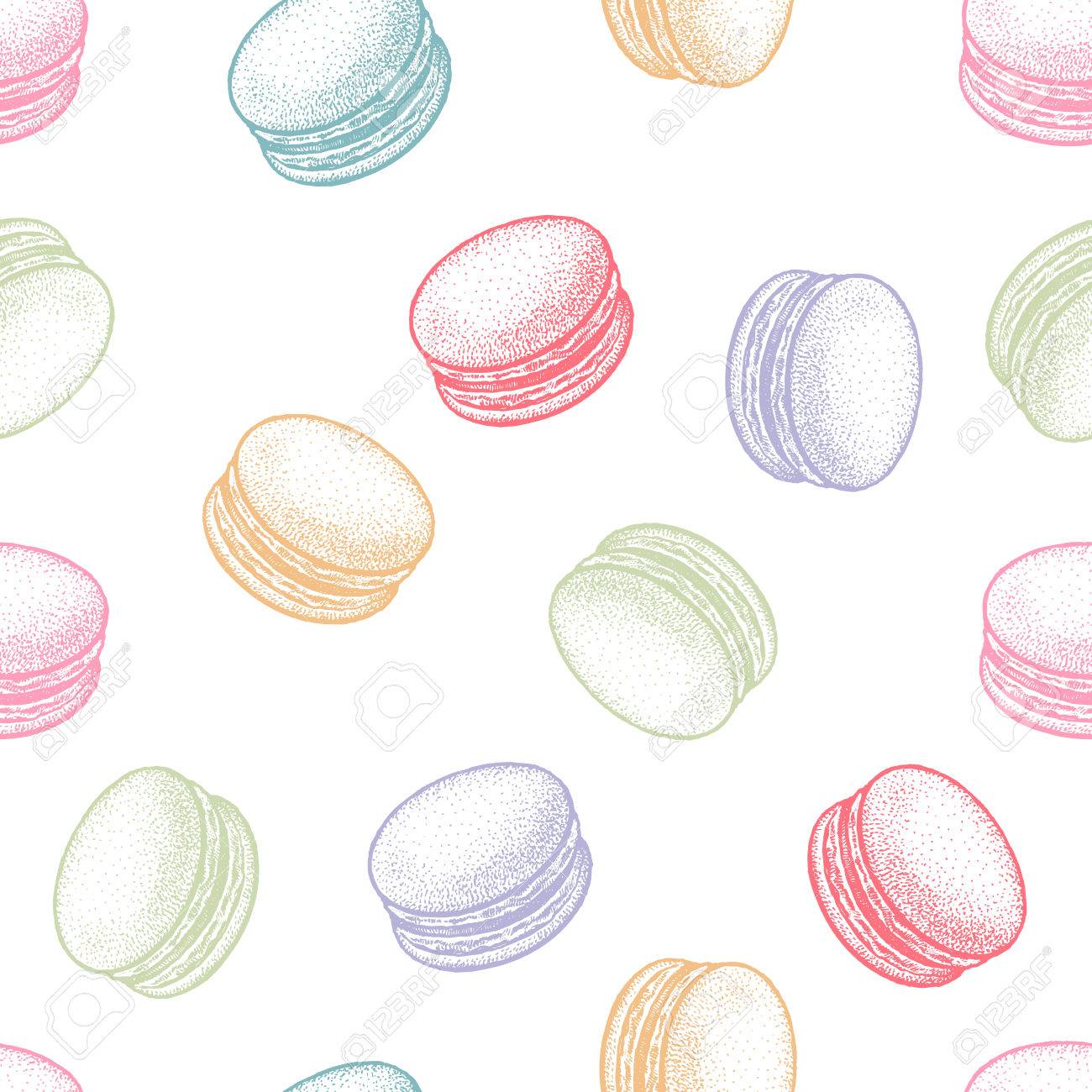 デザート フランス マカロン マカロン 紙 包装用 生地のシームレス パターン ヴィンテージのイラスト アート パステル カラーは 白い背景の上 のイラスト素材 ベクタ Image