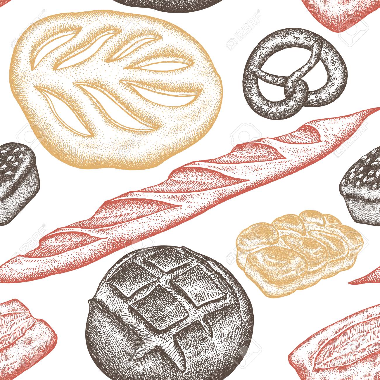 Modele De Produits De Pain Style De Gravure Vintage Illustration Vectorielle De Conception Alimentaire Pour Textiles Papier Emballage Emballage Tissu Tissu Dessin A Main Levee Blanc Rouge Et Marron Clip Art Libres
