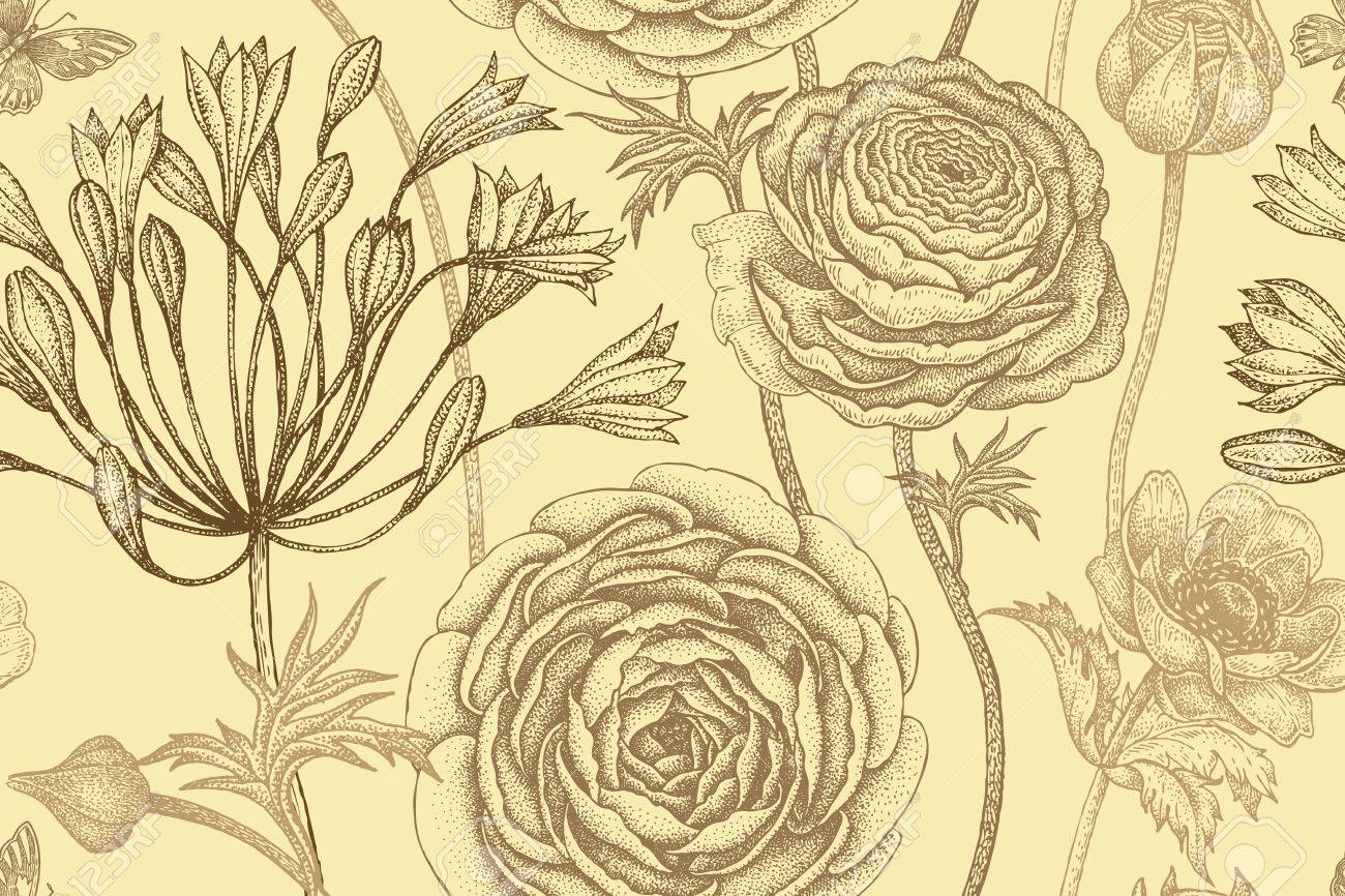 春花シームレス花柄 手描きの植木キンポウゲ イソギンチャク アフリカのユリ パステル カラーを蝶します ベクトル ビンテージ イラスト 用のラッピング 生地 ファッション 紙 のイラスト素材 ベクタ Image