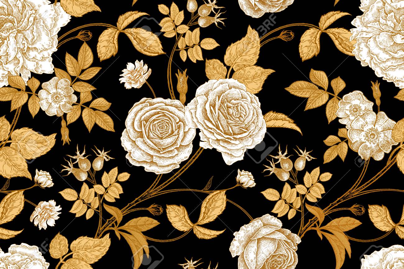 Roses, flowers, leaves, branches and berries of dog rose. Floral vintage seamless pattern. Gold, lack and white. Oriental style. Vector illustration art. For design textiles, paper, wallpaper. - 94026946 Roses, flowers, leaves, branches and berries of dog rose. Floral vintage seamless pattern. Gold, lack and white. Oriental style. Vector illustration art. For design textiles, paper, wallpaper. - 94026946