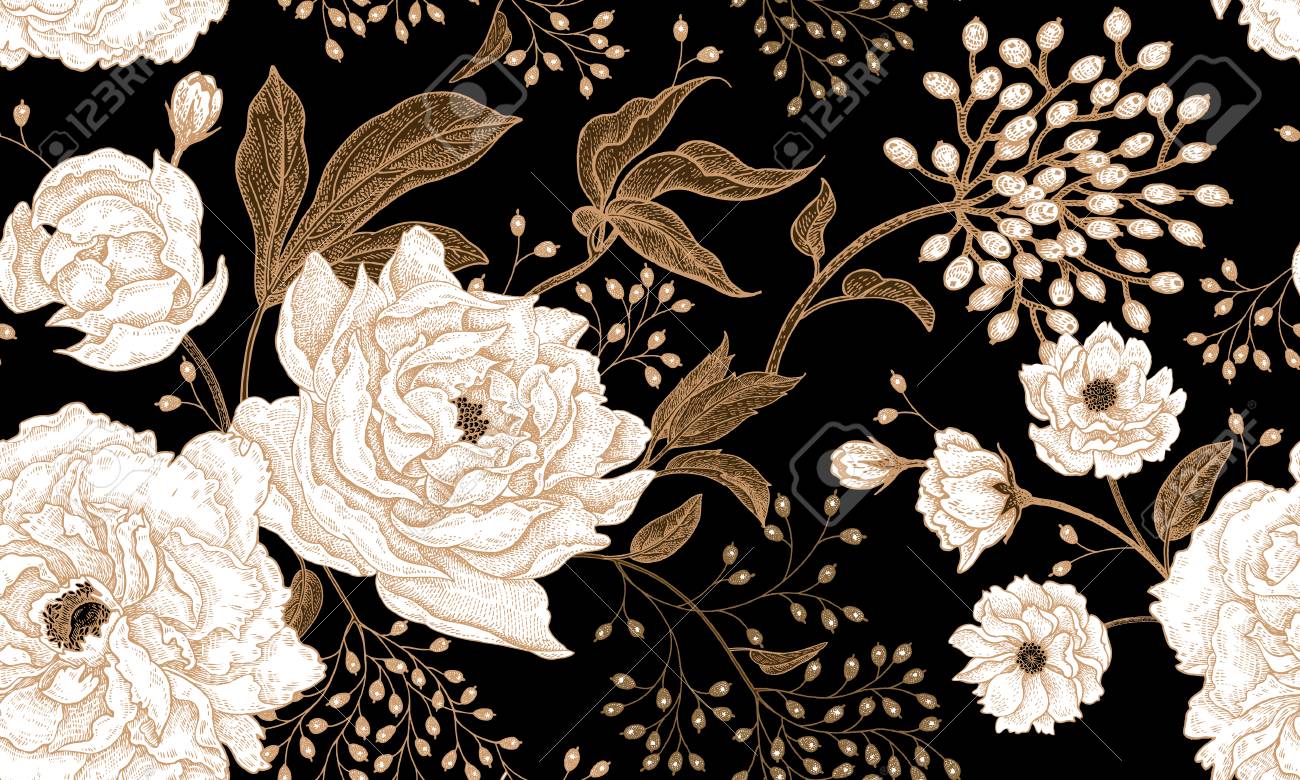 Peonies and roses. Floral vintage seamless pattern. Gold and white flowers, leaves, branches and berries on black background. Oriental style. Vector illustration art. For design textiles, paper. - 97691725 Peonies and roses. Floral vintage seamless pattern. Gold and white flowers, leaves, branches and berries on black background. Oriental style. Vector illustration art. For design textiles, paper. - 97691725