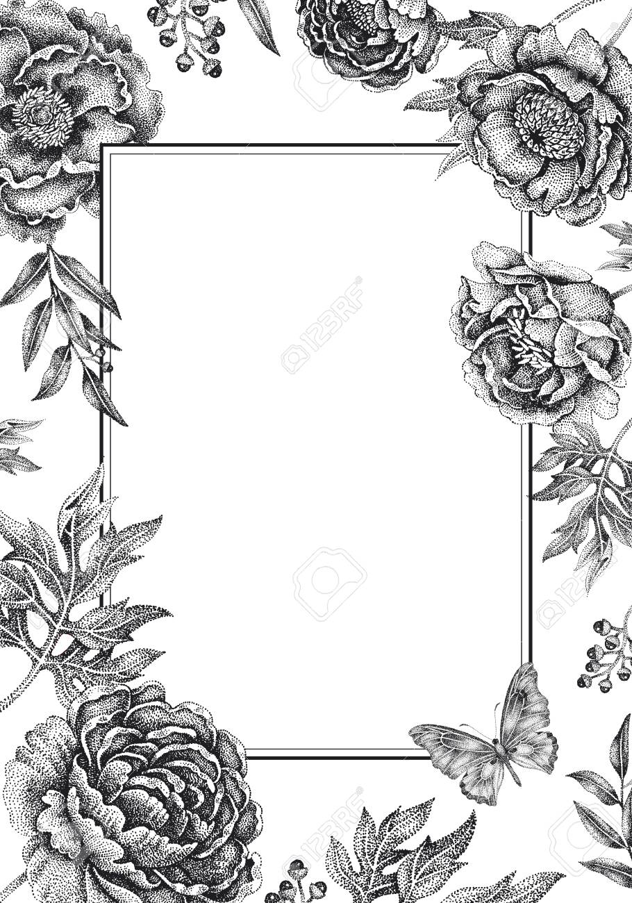 Wedding Invitations Cards Templates. Decoration With Garden Flowers, Frame  Pattern. Floral Vector Illustration. Vintage Engraving. Oriental Style.  Black Peonies, Roses On White Background. Royalty Free SVG, Cliparts,  Vectors, and Stock Illustration. Image, image size:910x1300