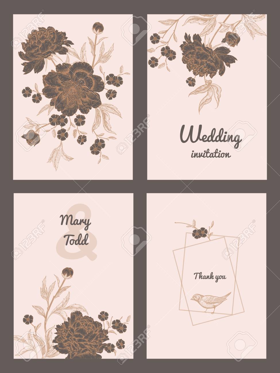 templates of wedding invitations set decoration with birds and