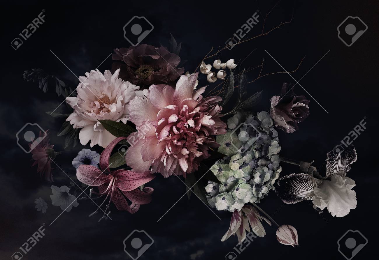 Vintage flowers. Peonies, tulips, lily, hydrangea on black. For business cards, covers, cosmetics and perfume packaging, interior decoration. Floral background. Baroque style floristic illustration. - 120598430 Vintage flowers. Peonies, tulips, lily, hydrangea on black. For business cards, covers, cosmetics and perfume packaging, interior decoration. Floral background. Baroque style floristic illustration. - 120598430