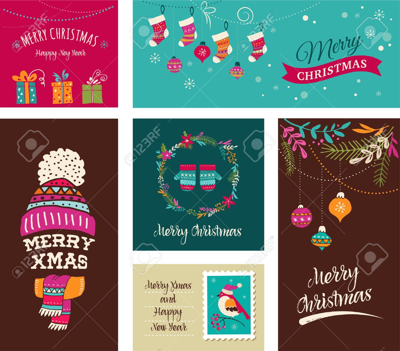 メリー クリスマス デザインのグリーティング カード クリスマスの落書きイラスト鳥 花輪 木のイラスト素材 ベクタ Image