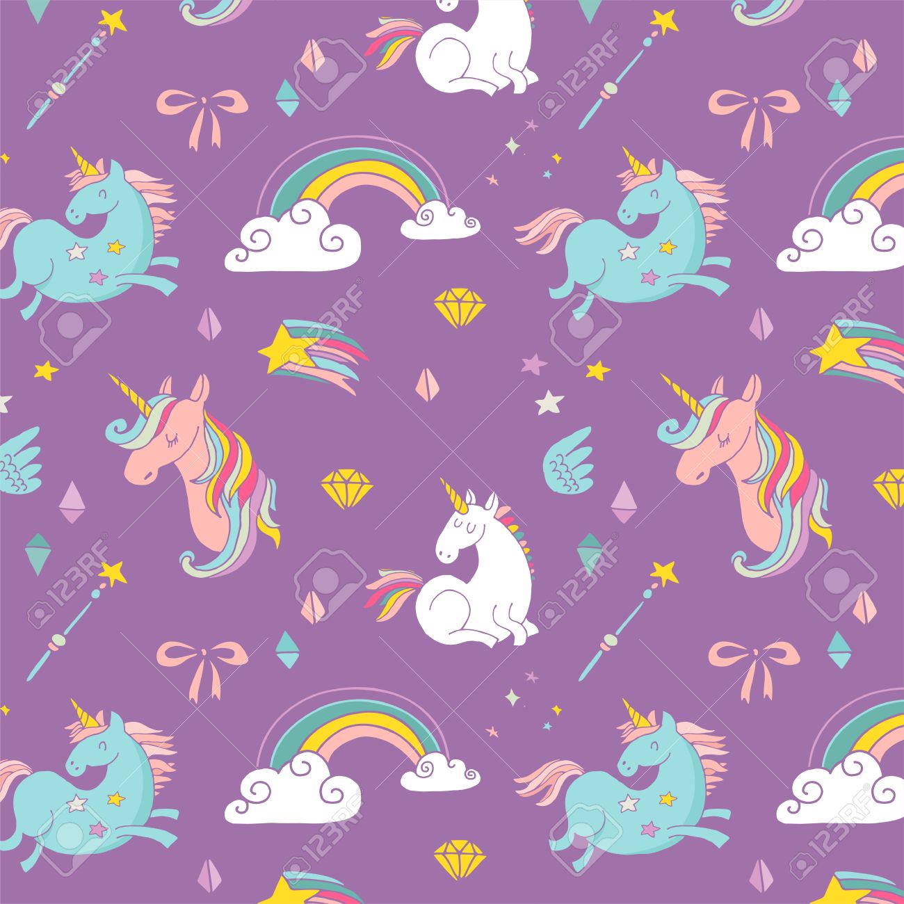 El Patron Dibujado A Mano Magica Con El Unicornio Arco Iris En Colores Pastel Ilustraciones Vectoriales Clip Art Vectorizado Libre De Derechos Image