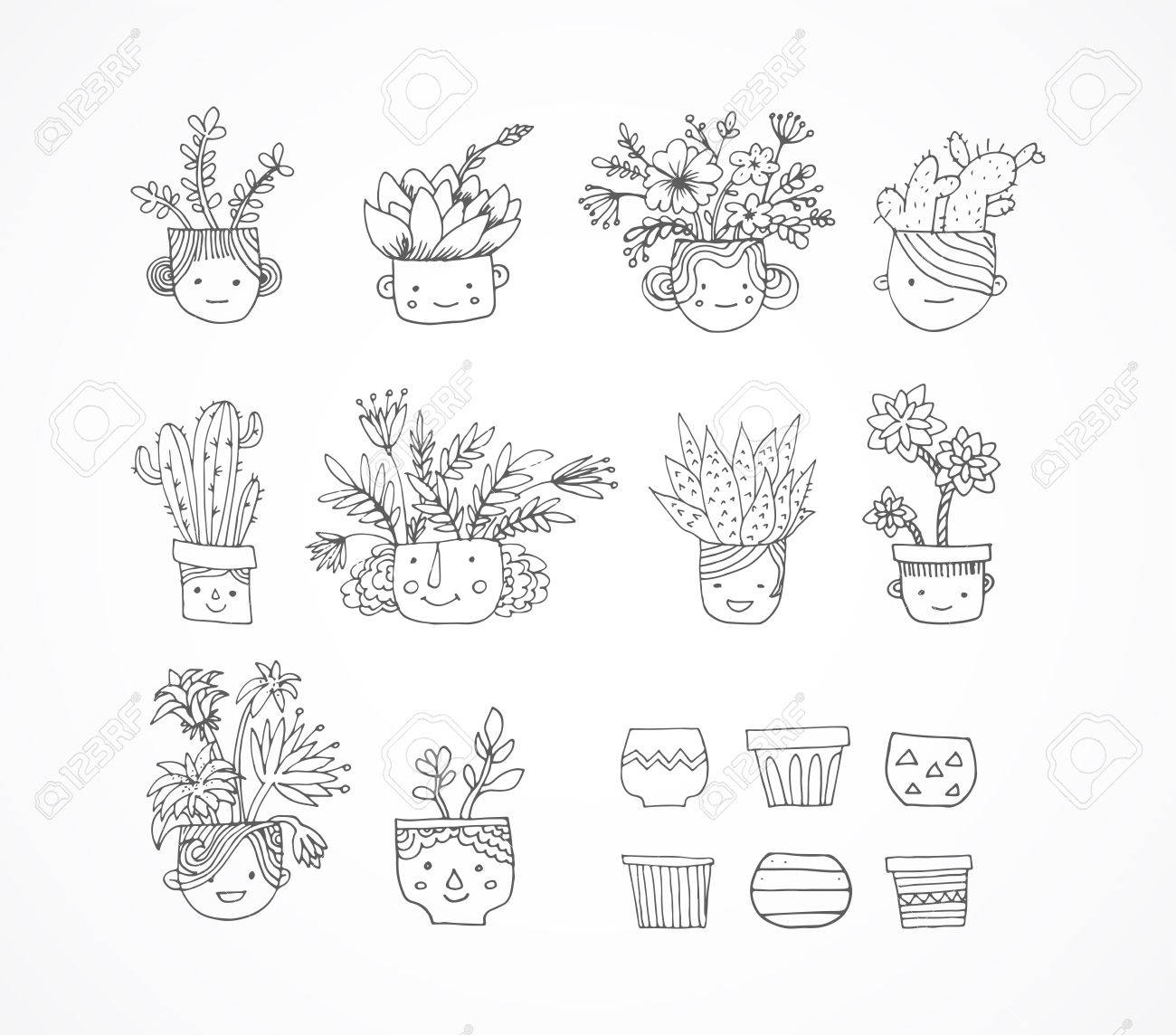 かわいい手描きのサボテンと多肉植物の顔入り のイラスト素材 ベクタ Image かわいい手描きのサボテンと多肉植物の顔入り のイラスト素材 ベクタ Image