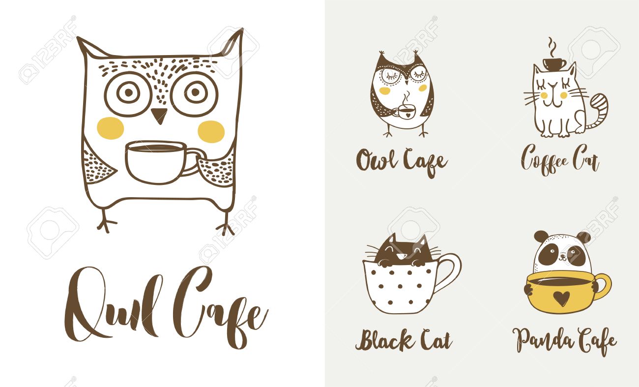 かわいいフクロウ 猫とパンダのコーヒーを飲みます 手描きの記号 アイコン ベクトル イラスト のイラスト素材 ベクタ Image