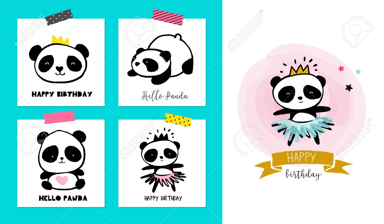 かわいいパンダのイラスト カラフルなシンプル スタイル カード ポスターのコレクション の写真素材 画像素材 Image