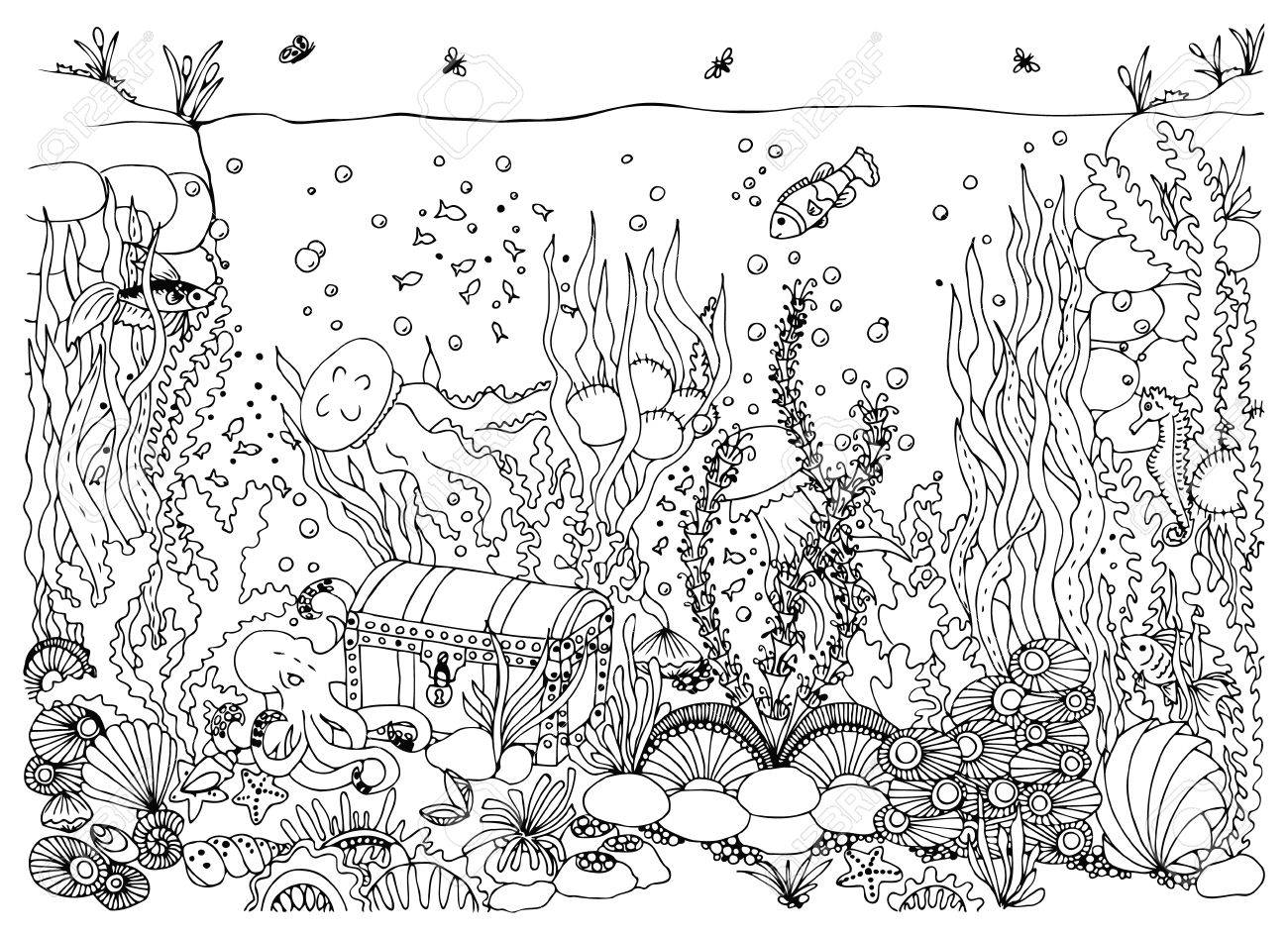 monde sous marin mer griffonnage ocean conte de fees une aventure coffre au tresor coloriage livre anti stress pour les adultes noir et blanc clip art libres droits vecteurs illustration coloration facile