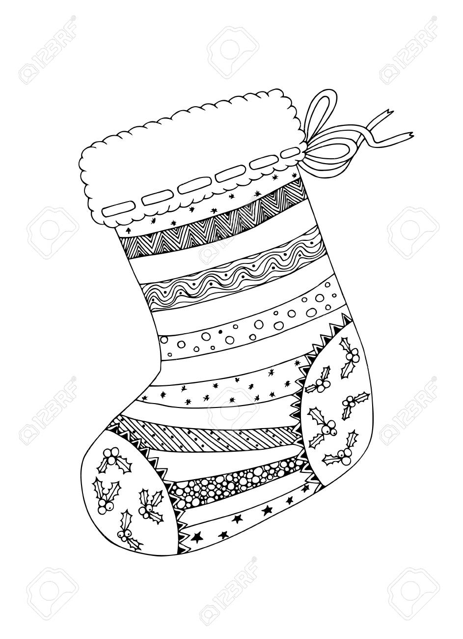 Doodle Croquis De Chaussette De Noël Au Design Noir Et Blanc Livre De Coloriage Pour Adultes Et Plus âgés Illustration Dessinée à La Main
