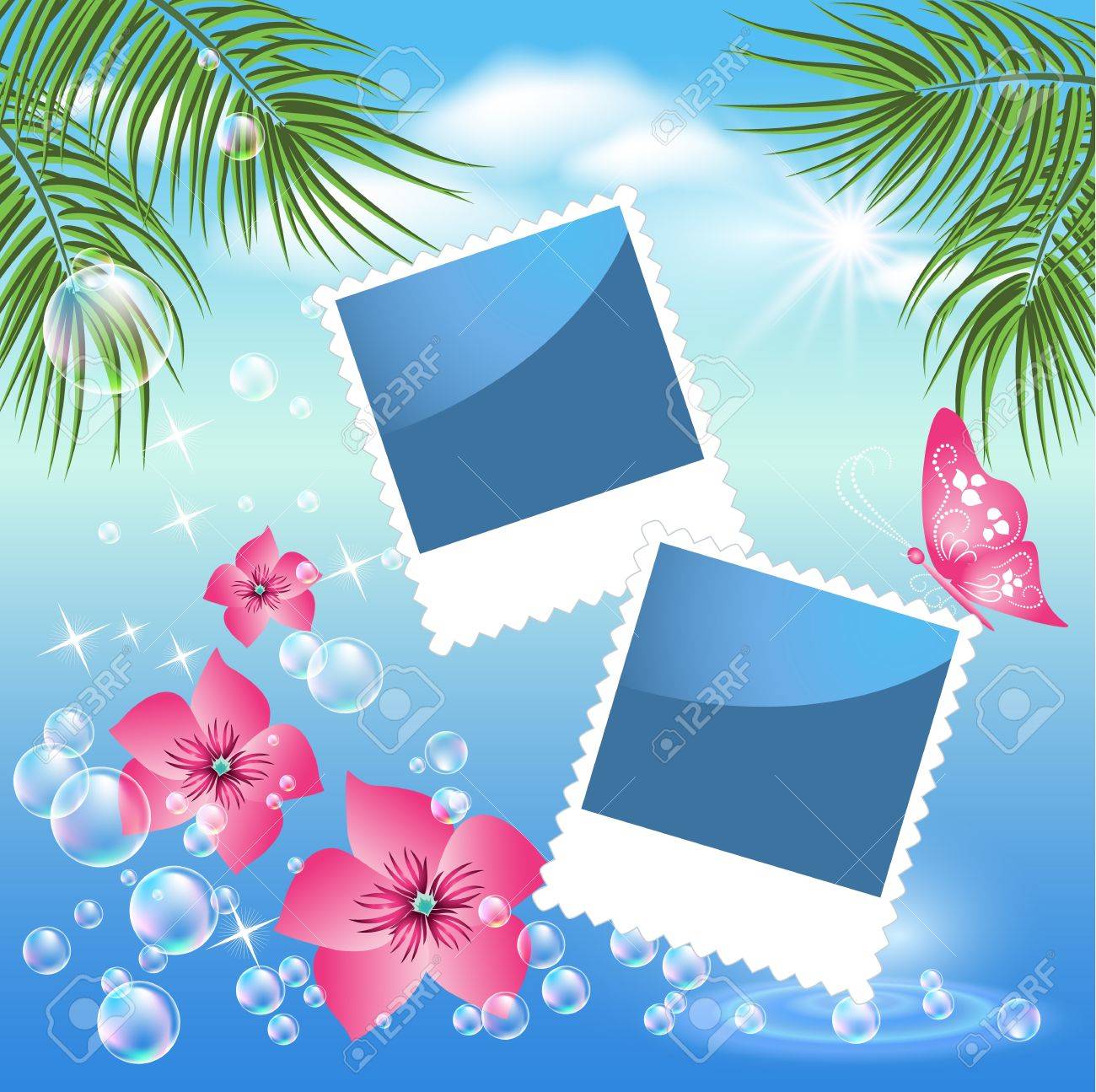 パーム 花や気泡と海の風景とフォト フレームをデザインします のイラスト素材 ベクタ Image パーム 花や気泡と海の風景とフォト フレームをデザインします のイラスト素材 ベクタ Image